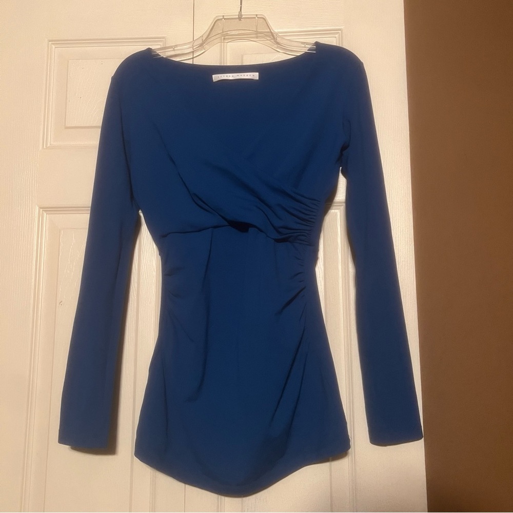 Susana Monaco Royal Blue Ruched V Neck Surplice Long Sleeve Blouse Small